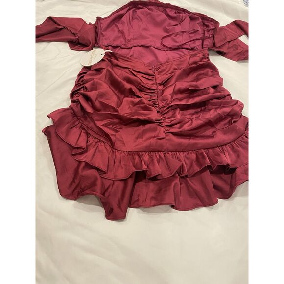 Selfie Leslie Mini Dress Sz XL Plum Strapless Tied Back Layer Frill Hem Ruched - Picture 13 of 16